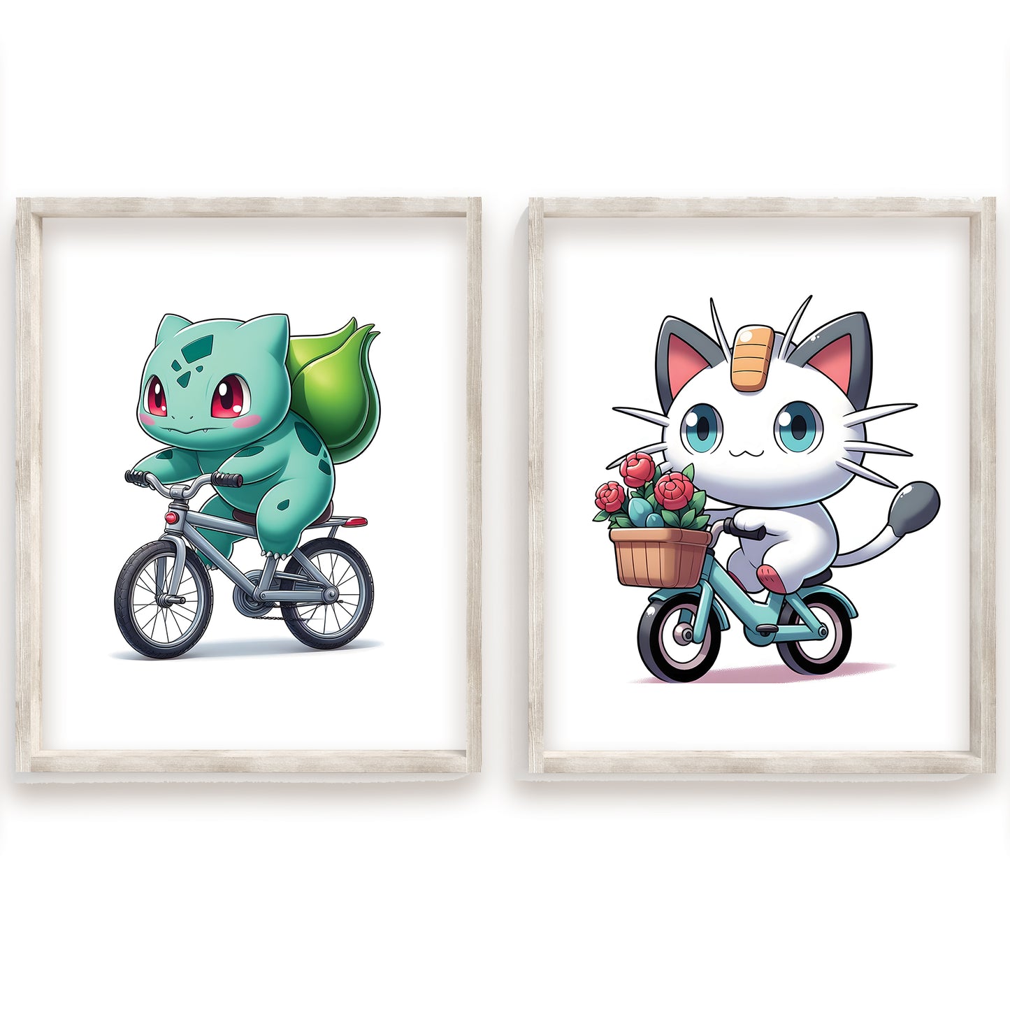 Pokémon Watercolor Prints, Pikachu Print, Psyduck Print, Squirtle Print, Pigeot Print, Meowth Print, Bulbasaur Print, Charmander Print, Jigglypuff Print, Bicycle Riding Pokémon, Cute Pokémon Wall Art, Cycling Pokémon Poster