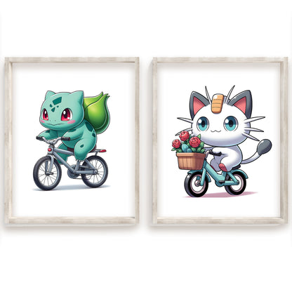Pokémon Watercolor Prints, Pikachu Print, Psyduck Print, Squirtle Print, Pigeot Print, Meowth Print, Bulbasaur Print, Charmander Print, Jigglypuff Print, Bicycle Riding Pokémon, Cute Pokémon Wall Art, Cycling Pokémon Poster