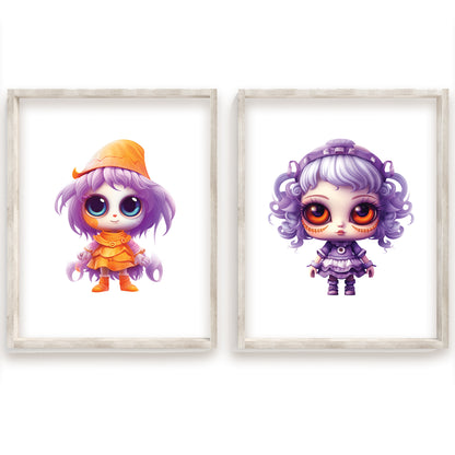 Whimsical Halloween Girls, Watercolor Trick or Treat Kids, Cozy Fall Nursery Art, Cute Pumpkin Hats, Playful Spooky Season Print