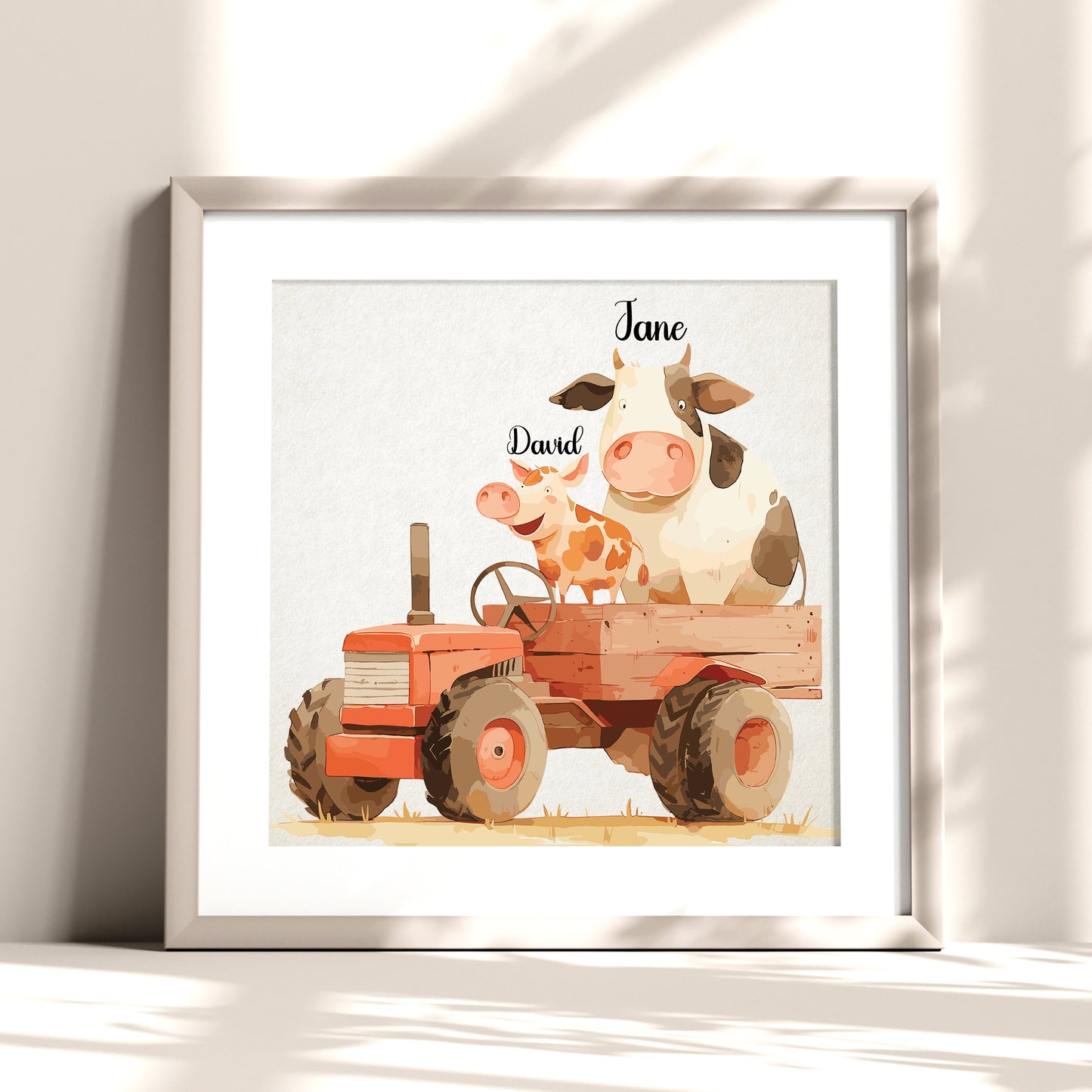 Cow Driving Tractor Name Sign, Personalized Cute Cow and Little Piglet Print, Custom Kids Wall Decor, Whimsical Farm Nursery Art, Tractor Farm Animal Print Set, Adorable Cow and Piglet Room Decor for Kids and Babies
