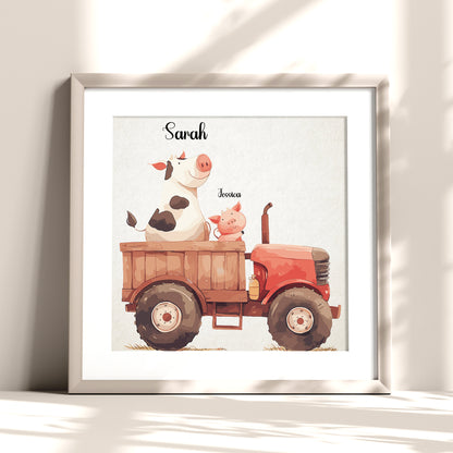 Cow Driving Tractor Name Sign, Personalized Cute Cow and Little Piglet Print, Custom Kids Wall Decor, Whimsical Farm Nursery Art, Tractor Farm Animal Print Set, Adorable Cow and Piglet Room Decor for Kids and Babies