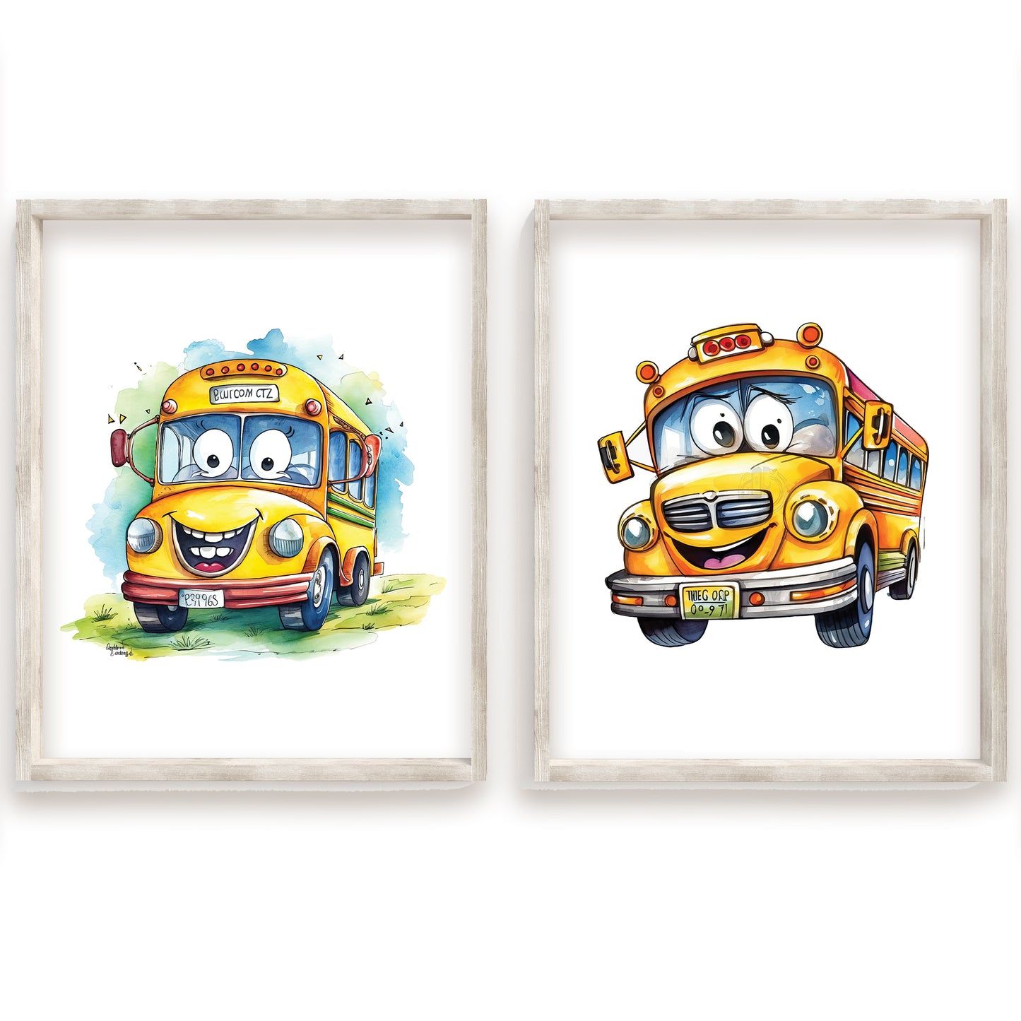 Cute School Bus Name Sign, Personalized Adorable School Bus Print, Custom Kids Wall Decor, Whimsical Nursery Art, School Bus Friends Print Set, Charming School Bus Room Decor for Kids and Babies