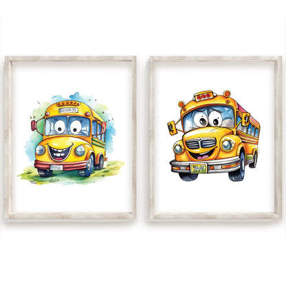 Cute School Bus Name Sign, Personalized Adorable School Bus Print, Custom Kids Wall Decor, Whimsical Nursery Art, School Bus Friends Print Set, Charming School Bus Room Decor for Kids and Babies