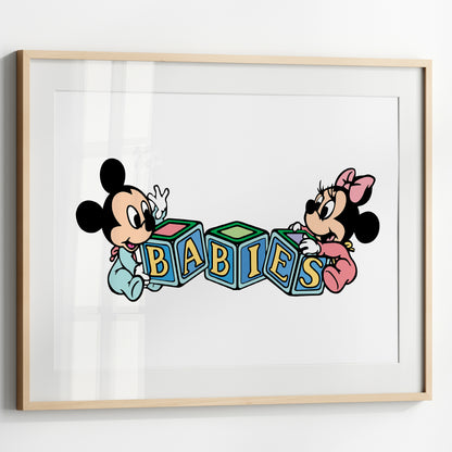 Baby Mickey Mouse Print, Baby Minnie Mouse Print, Disney Babies Set, Watercolor Cartoon Art, Nursery Wall Decor, Kids Room Posters