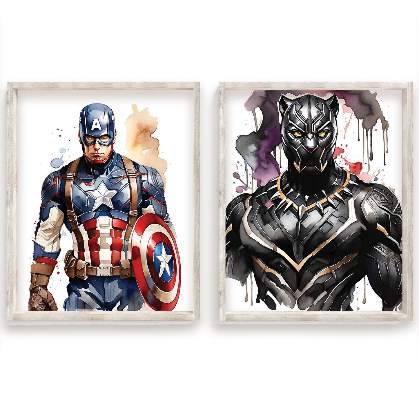 Superhero Watercolor Art, Marvel Avengers Wall Prints, Heroic Decor, Comic Style Wall Art, Captain America, Black Panther, Iron Man, Hulk, Spiderman