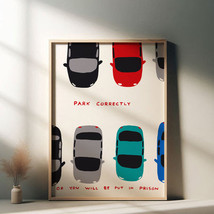 David Shrigley - Park Correctly, Quirky Wall Art, Pop Art Decor, Funny Poster, Contemporary Home Gallery, Humorous Decor, Shrigley Print