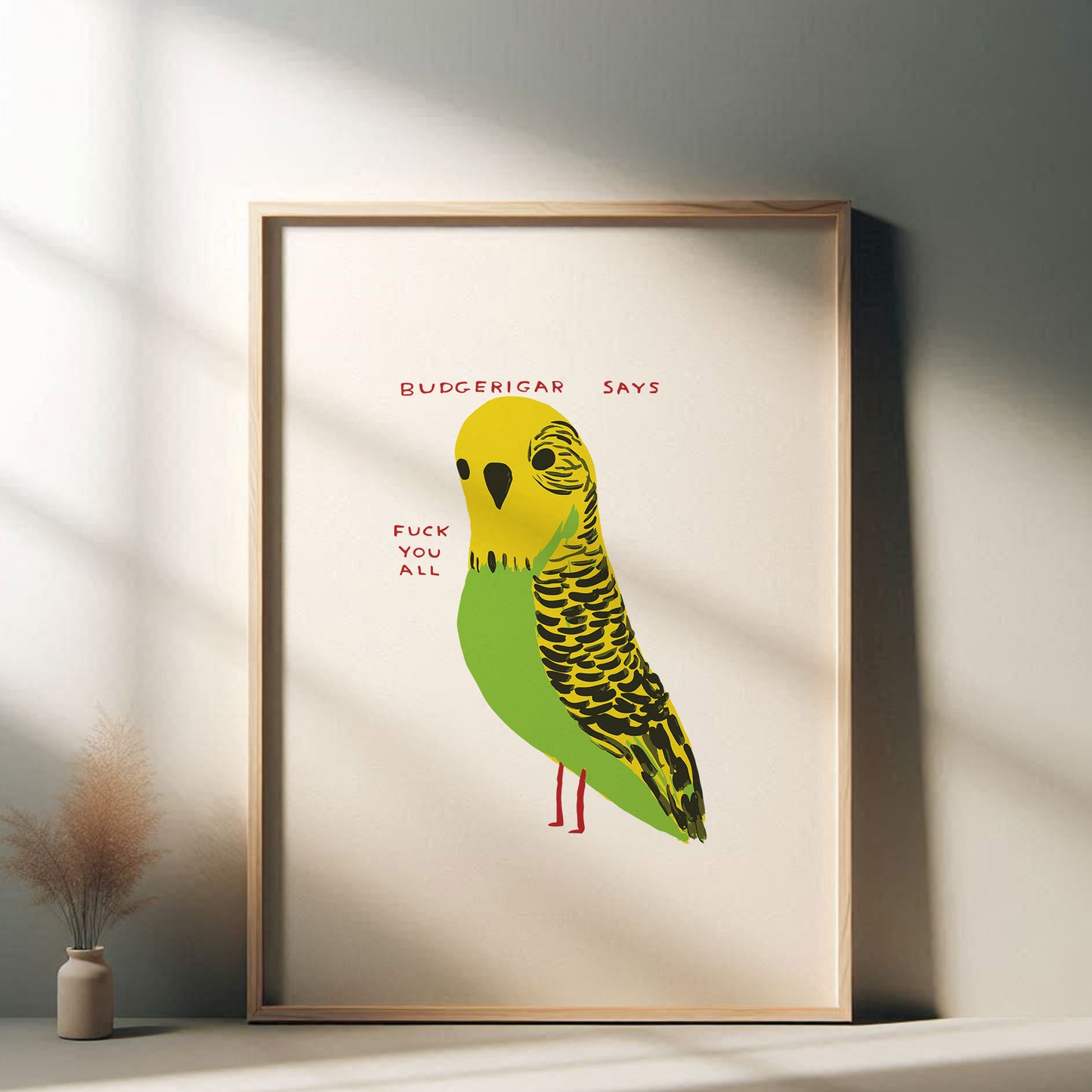David Shrigley - Budgerigar Says Fuck You All, Quirky Wall Art, Pop Art Decor, Funny Poster, Contemporary Home Gallery, Humorous Decor, Art