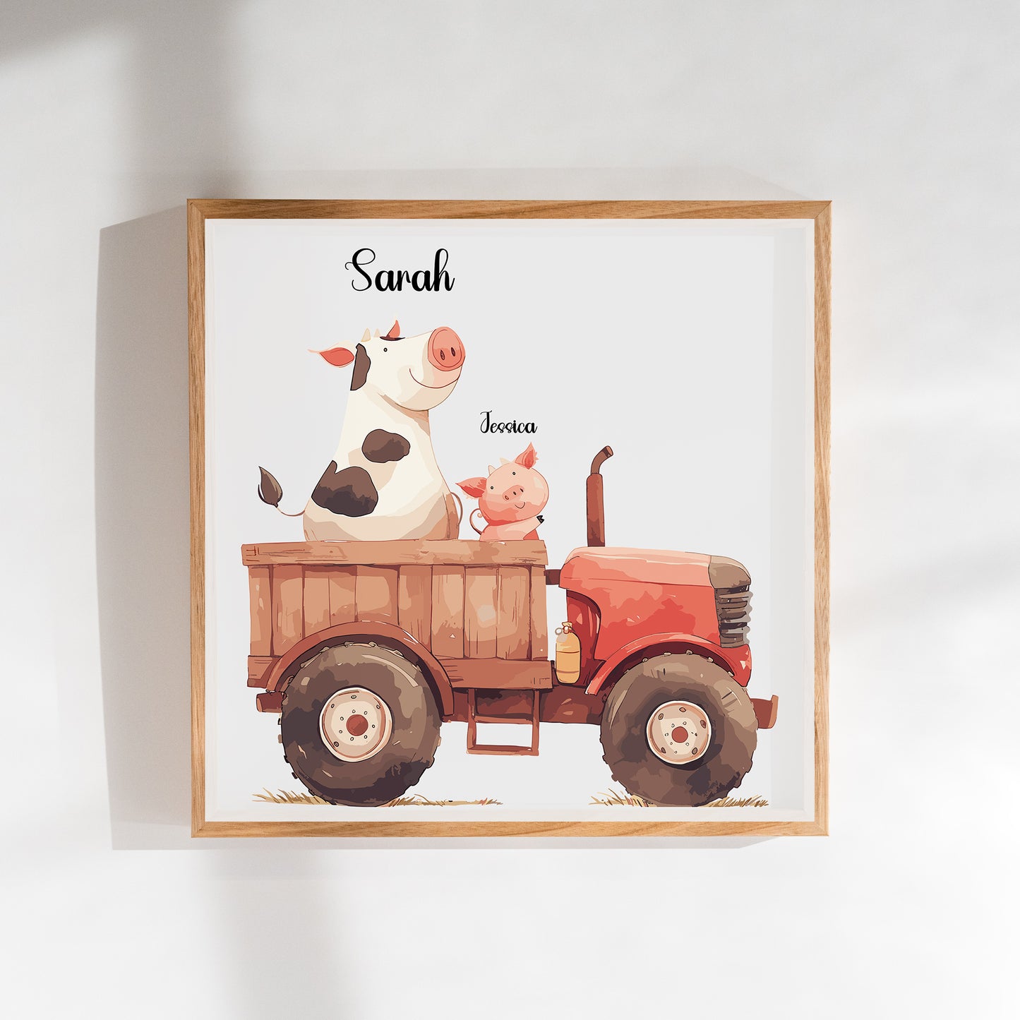 Cow Driving Tractor Name Sign, Personalized Cute Cow and Little Piglet Print, Custom Kids Wall Decor, Whimsical Farm Nursery Art, Tractor Farm Animal Print Set, Adorable Cow and Piglet Room Decor for Kids and Babies