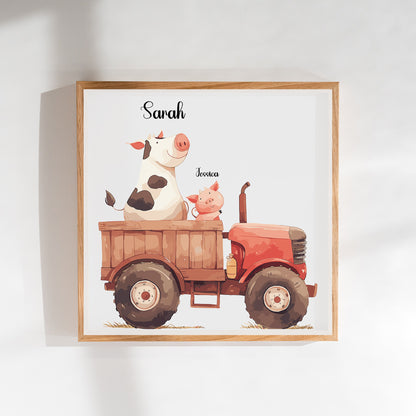 Cow Driving Tractor Name Sign, Personalized Cute Cow and Little Piglet Print, Custom Kids Wall Decor, Whimsical Farm Nursery Art, Tractor Farm Animal Print Set, Adorable Cow and Piglet Room Decor for Kids and Babies