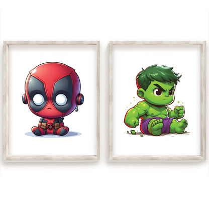 Baby Superhero Art, Watercolor Marvel Prints, Tiny Avengers Nursery Decor, Cute Hero Wall Art, Captain America, Black Panther, Iron Man, Hulk, Spiderman