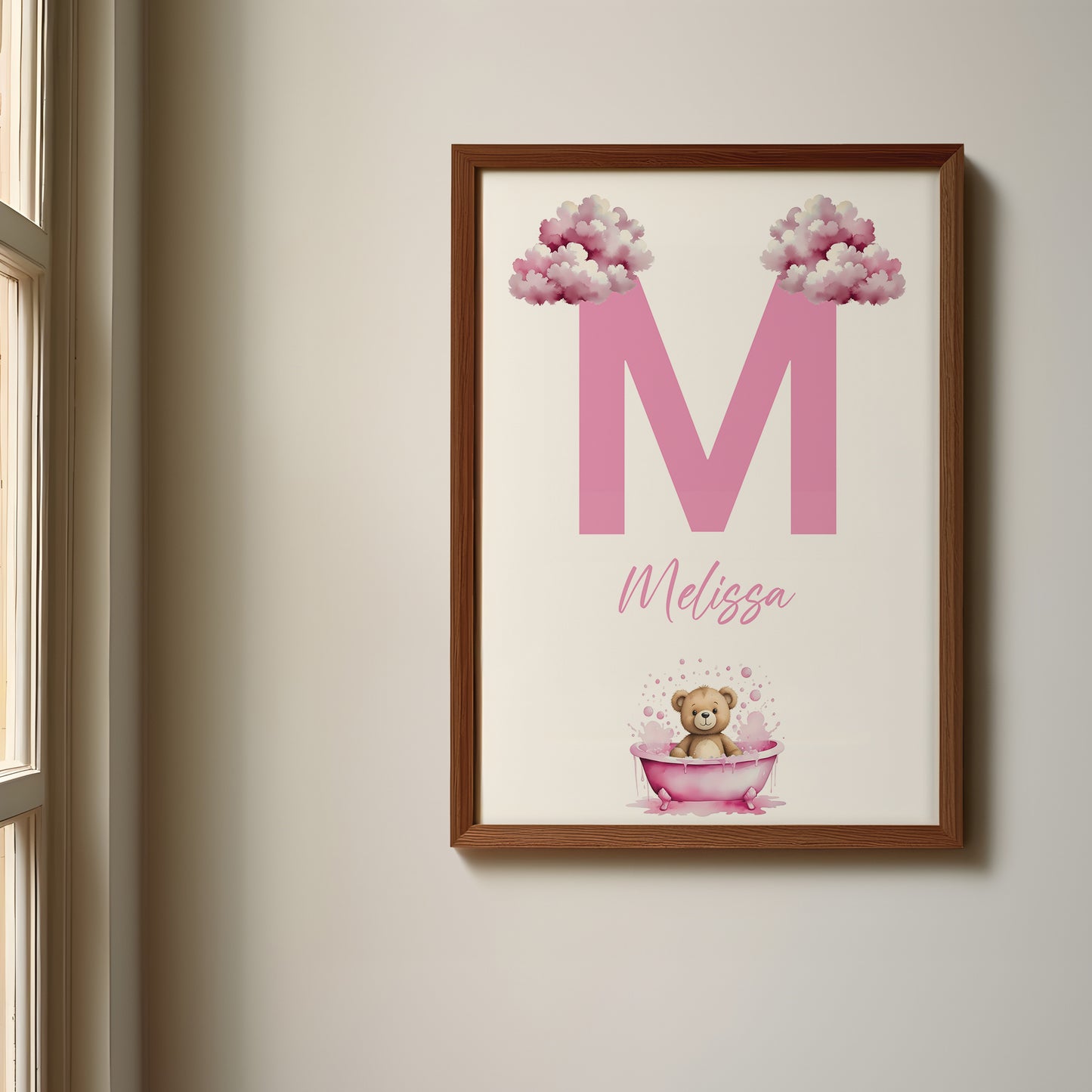 Pink Balloon Teddy Name Sign, Personalized Cute Teddy Bear Print with Floating Pink Balloons, Custom Kids Wall Decor, Whimsical and Cozy Nursery Art, Pink Balloon Teddy Print Set, Adorable Pink Teddy Bear Room Decor for Kids and Babies