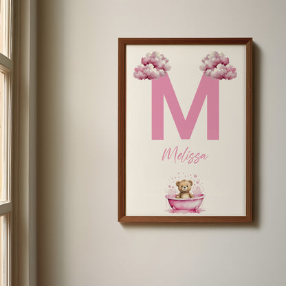 Pink Balloon Teddy Name Sign, Personalized Cute Teddy Bear Print with Floating Pink Balloons, Custom Kids Wall Decor, Whimsical and Cozy Nursery Art, Pink Balloon Teddy Print Set, Adorable Pink Teddy Bear Room Decor for Kids and Babies