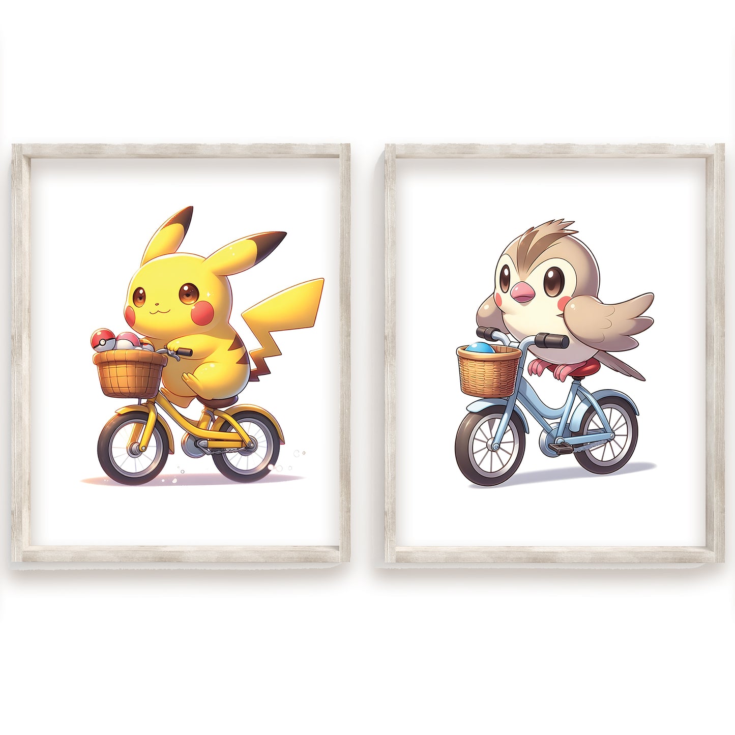 Pokémon Watercolor Prints, Pikachu Print, Psyduck Print, Squirtle Print, Pigeot Print, Meowth Print, Bulbasaur Print, Charmander Print, Jigglypuff Print, Bicycle Riding Pokémon, Cute Pokémon Wall Art, Cycling Pokémon Poster