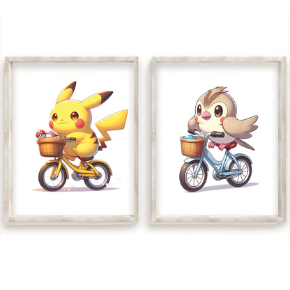 Pokémon Watercolor Prints, Pikachu Print, Psyduck Print, Squirtle Print, Pigeot Print, Meowth Print, Bulbasaur Print, Charmander Print, Jigglypuff Print, Bicycle Riding Pokémon, Cute Pokémon Wall Art, Cycling Pokémon Poster