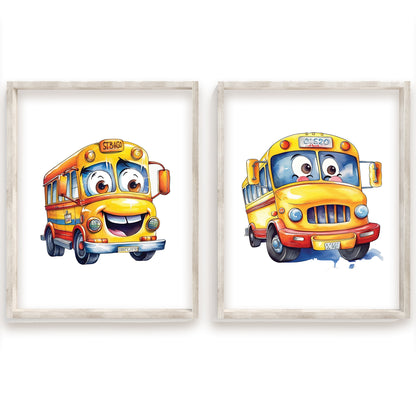 Cute School Bus Name Sign, Personalized Adorable School Bus Print, Custom Kids Wall Decor, Whimsical Nursery Art, School Bus Friends Print Set, Charming School Bus Room Decor for Kids and Babies