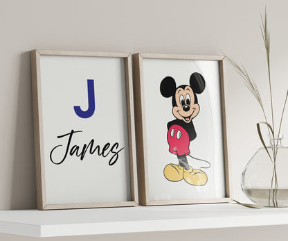 Personalized Mickey Mouse Name Sign, Custom Mickey Print, Watercolor Disney Nursery Art, Kids Room Wall Decor, Cartoon Character Poster