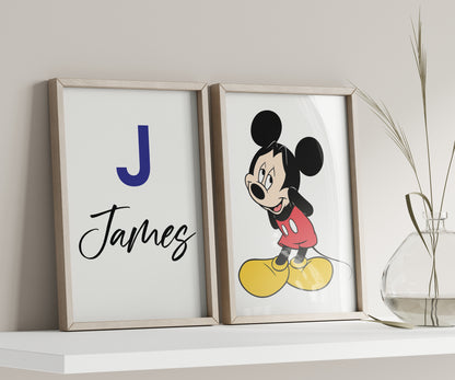 Personalized Mickey Mouse Name Sign, Custom Mickey Print, Watercolor Disney Nursery Art, Kids Room Wall Decor, Cartoon Character Poster