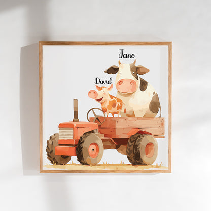Cow Driving Tractor Name Sign, Personalized Cute Cow and Little Piglet Print, Custom Kids Wall Decor, Whimsical Farm Nursery Art, Tractor Farm Animal Print Set, Adorable Cow and Piglet Room Decor for Kids and Babies