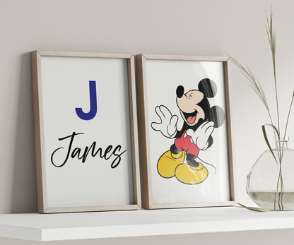 Personalized Mickey Mouse Name Sign, Custom Mickey Print, Watercolor Disney Nursery Art, Kids Room Wall Decor, Cartoon Character Poster