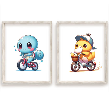 Pokémon Watercolor Prints, Pikachu Print, Psyduck Print, Squirtle Print, Pigeot Print, Meowth Print, Bulbasaur Print, Charmander Print, Jigglypuff Print, Bicycle Riding Pokémon, Cute Pokémon Wall Art, Cycling Pokémon Poster