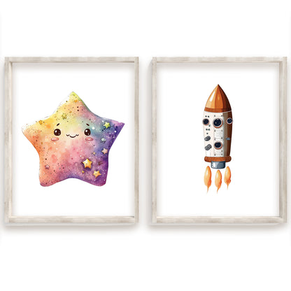 Watercolor Outer Space Name Sign, Personalized Space Adventure Print, Custom Kids Wall Decor, Whimsical Nursery Art, Cosmic Space Print Set, Charming Outer Space Room Decor for Kids and Babies