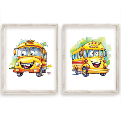 Cute School Bus Name Sign, Personalized Adorable School Bus Print, Custom Kids Wall Decor, Whimsical Nursery Art, School Bus Friends Print Set, Charming School Bus Room Decor for Kids and Babies