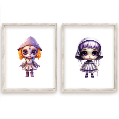 Whimsical Halloween Girls, Watercolor Trick or Treat Kids, Cozy Fall Nursery Art, Cute Pumpkin Hats, Playful Spooky Season Print