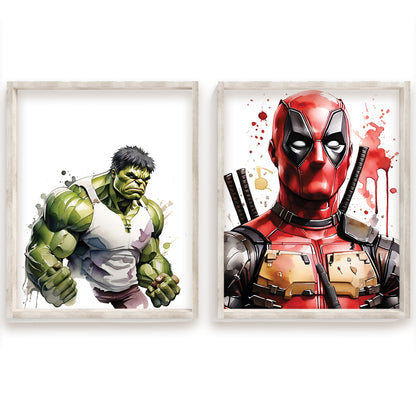Superhero Watercolor Art, Marvel Avengers Wall Prints, Heroic Decor, Comic Style Wall Art, Captain America, Black Panther, Iron Man, Hulk, Spiderman