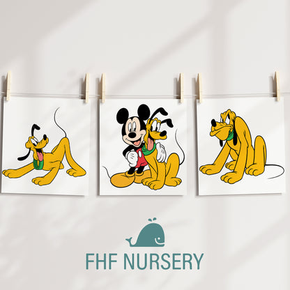 Disney Print Set, Mickey Mouse Print, Pluto Print, Watercolor Cartoon Art, Nursery Wall Decor, Kids Room Posters, Classic Disney Characters