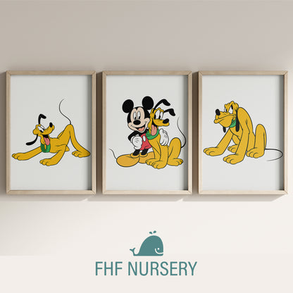Disney Print Set, Mickey Mouse Print, Pluto Print, Watercolor Cartoon Art, Nursery Wall Decor, Kids Room Posters, Classic Disney Characters